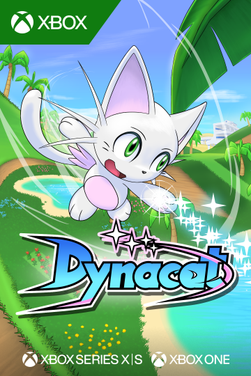 The Dynacat poster art. Dynacat, a small white cat with pink wings, appears in front of a background consisting of a hilly, grassy field with palm trees. Dynacat is throwing a magic, sparkling tether towards an object on the bottom right, outside of the image. The poster displays an Xbox pin on the top left corner and two logos on the bottom: Xbox Series X|S and Xbox One.