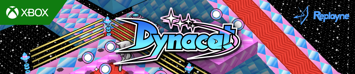 The article header image, containing an Xbox logo on the top left, the Dynacat logo in the center and the Replayne logo on the top right. In the background is a screenshot of the Dynacat game, showing Dynacat running through a special stage.