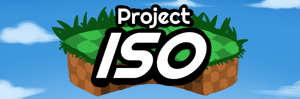 A screenshot of the ProjectISO game title screen, displaying a temporary logo design.